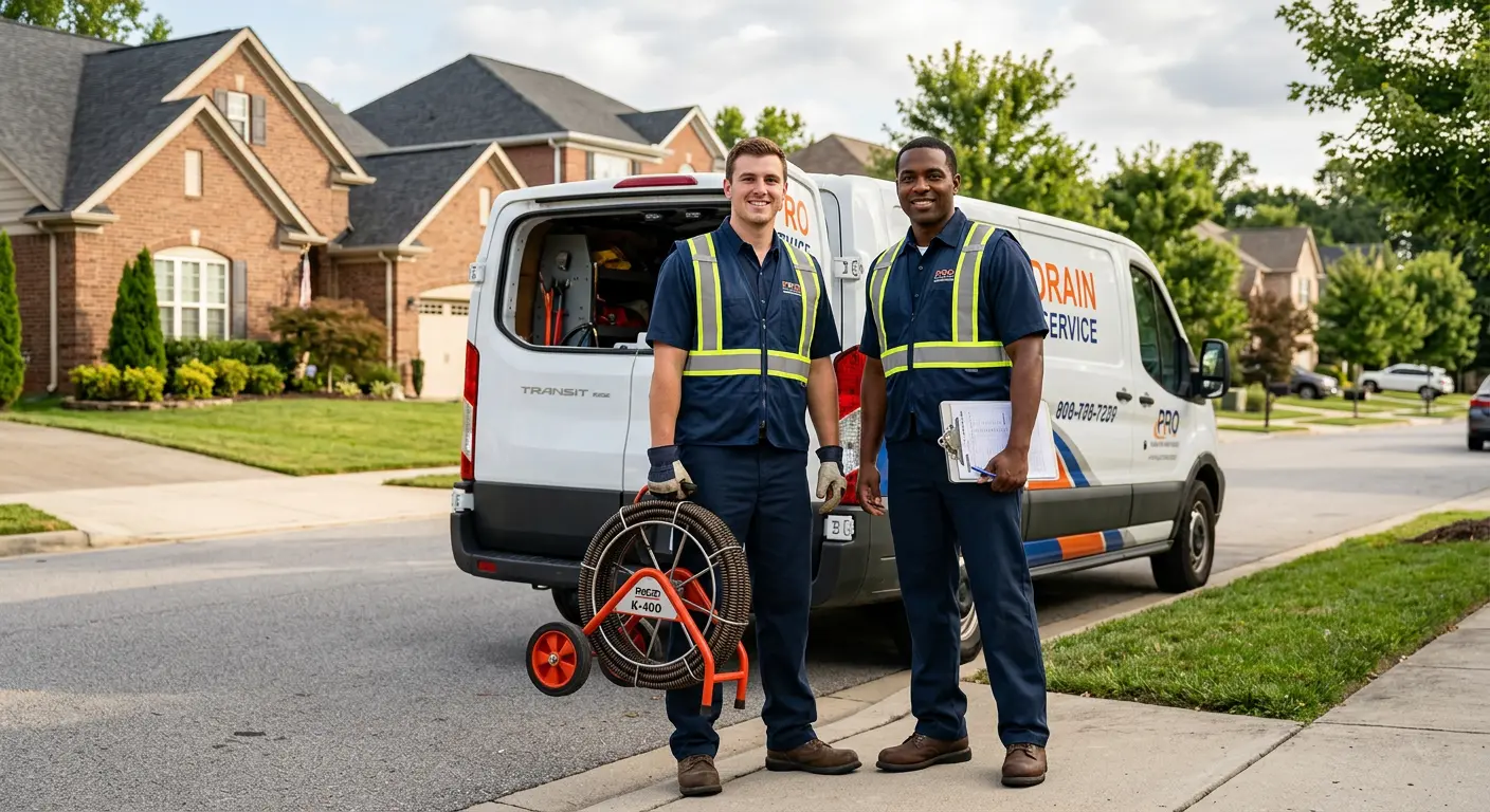 Sewer and drain service team with equipment ready for work in Royalton