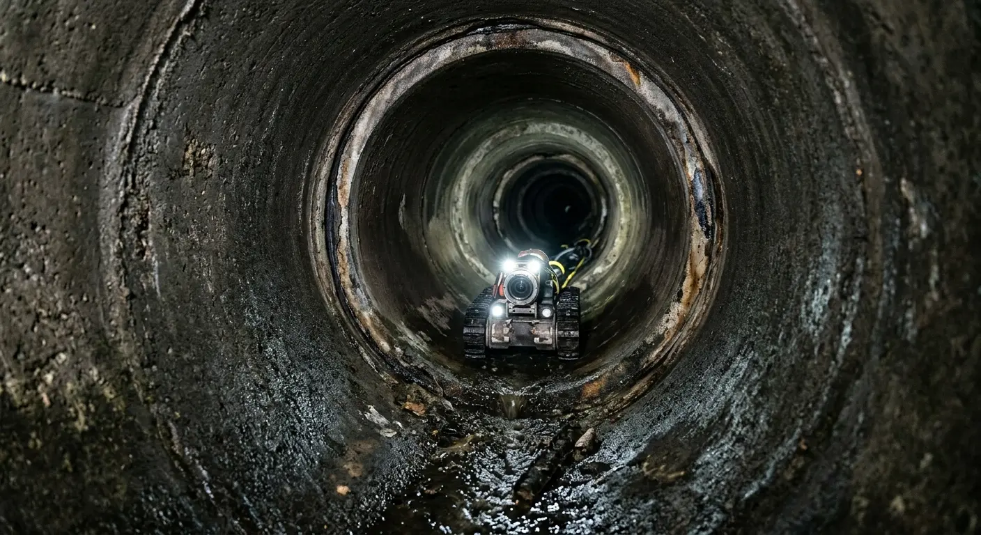Robotic sewer camera inspecting pipe interior for Sewer Line Cleaning in Royalton