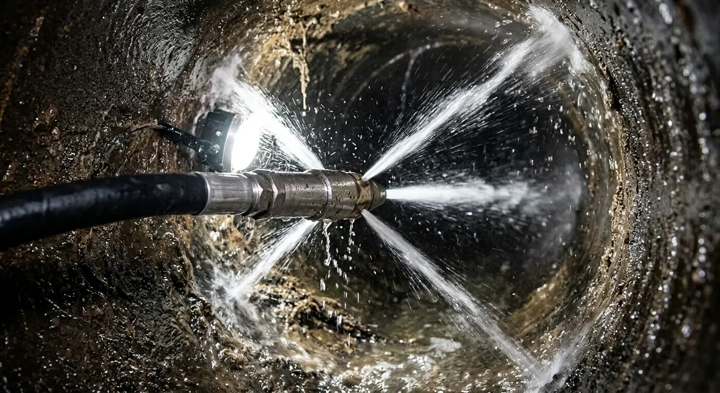 High-pressure hydro jetting nozzle cleaning sewer pipe for Emergency Drain Service in Royalton