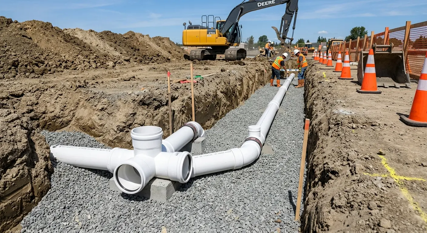 New PVC sewer pipe installation in open trench for Commercial Drain Cleaning in Royalton