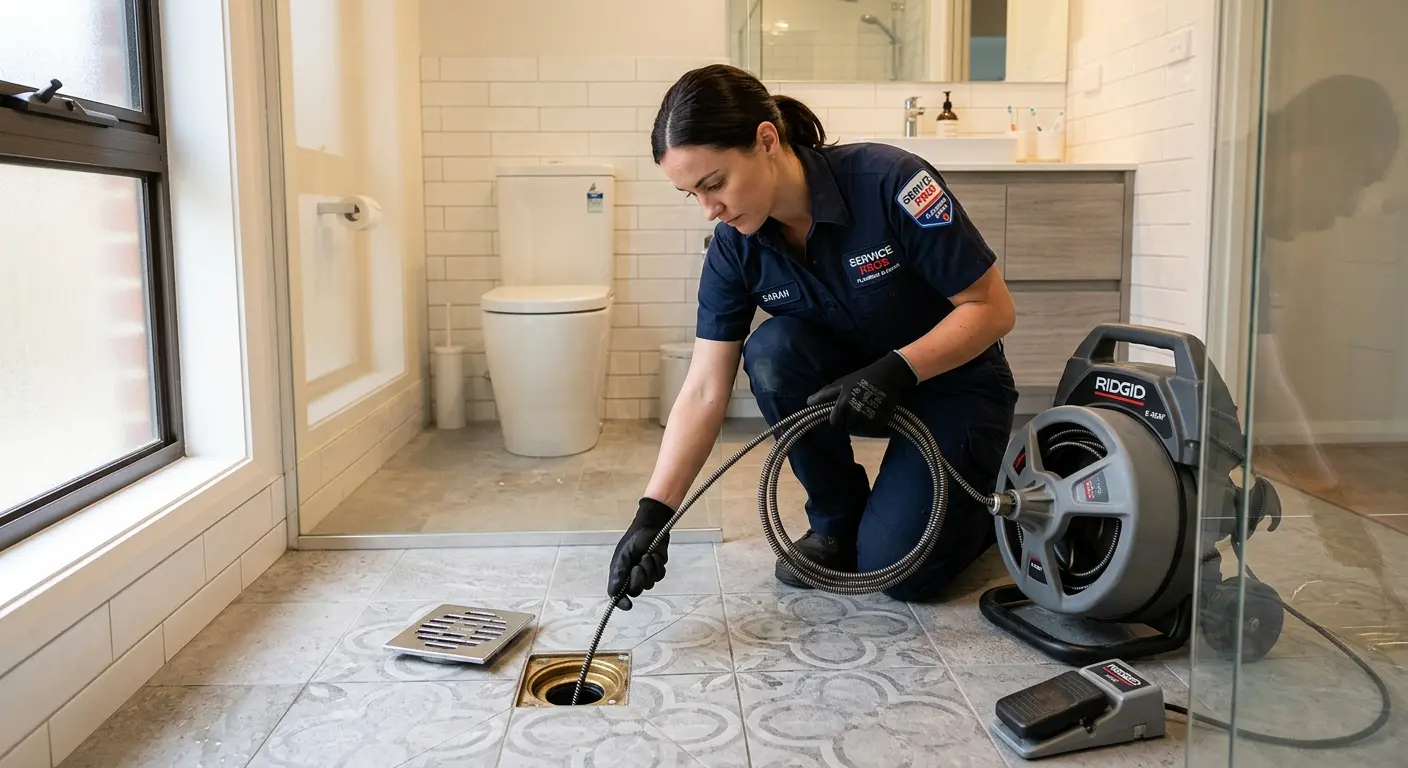 Technician clearing a bathroom floor drain for Sewer Line Replacement in Royalton